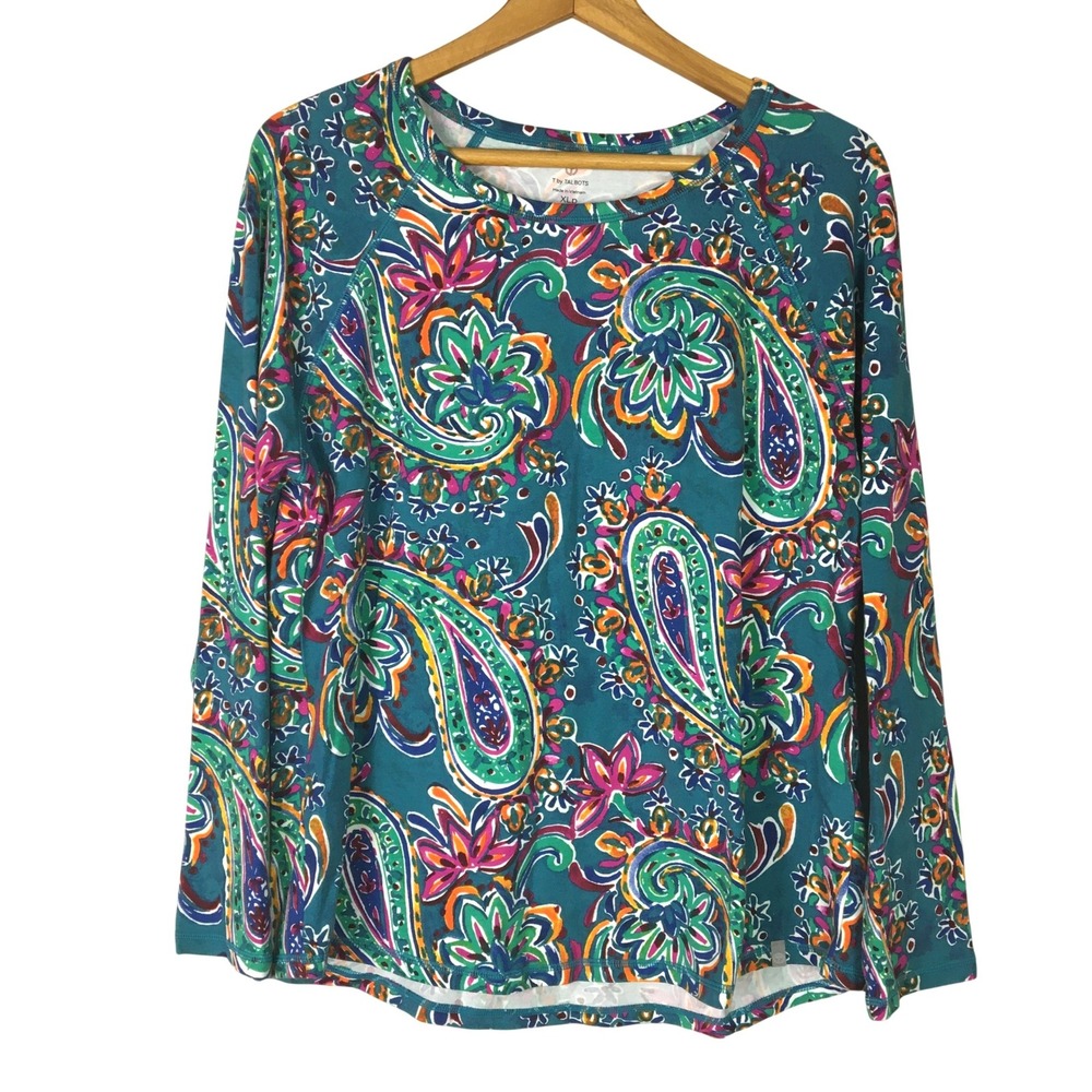T by Talbots Womens XL Paisley Print T Shirt Teal Blue Pink Green Short Sleeve‎